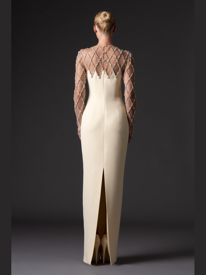 Crepe dress with crystal grid embroidery