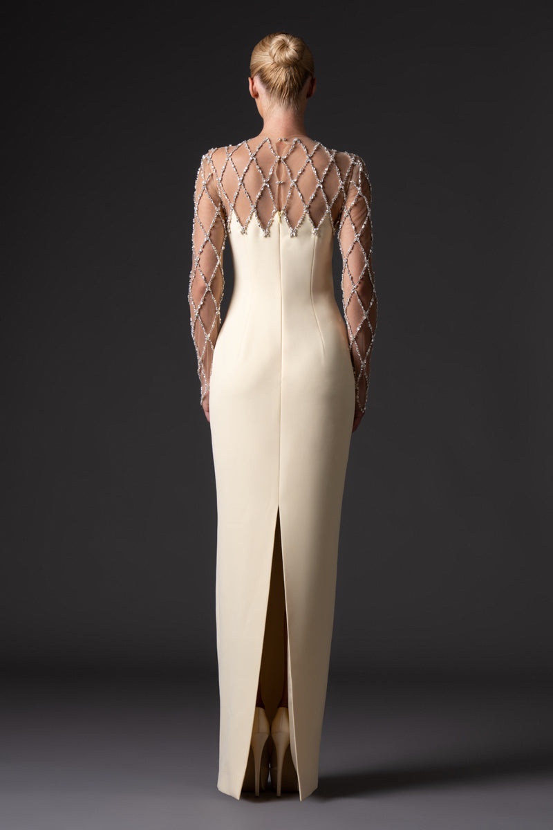 Crepe dress with crystal grid embroidery