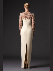 Crepe dress with crystal grid embroidery