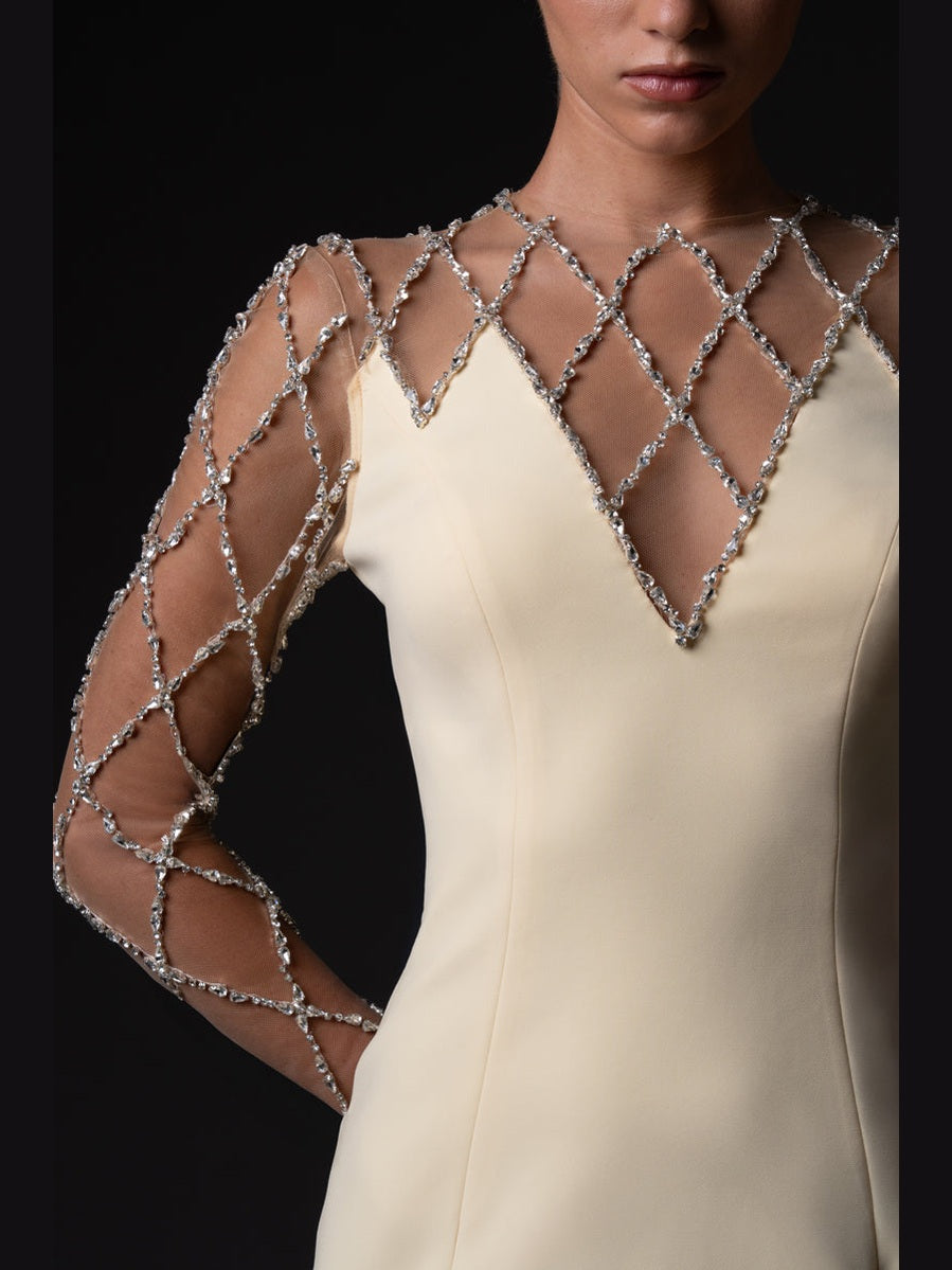 Crepe dress with crystal grid embroidery