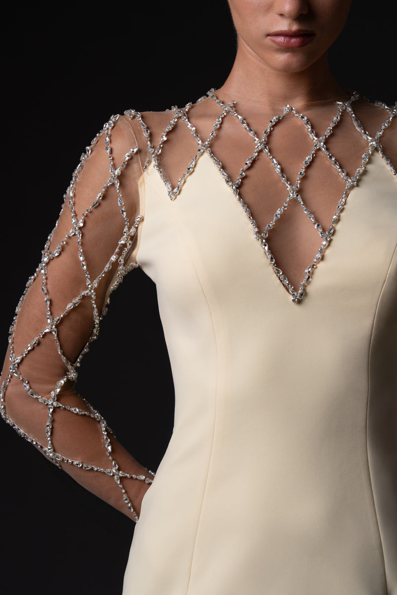 Crepe dress with crystal grid embroidery