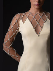Crepe dress with crystal grid embroidery