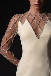Crepe dress with crystal grid embroidery