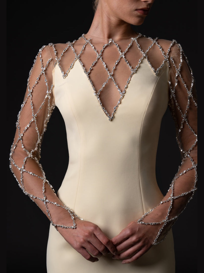 Crepe dress with crystal grid embroidery
