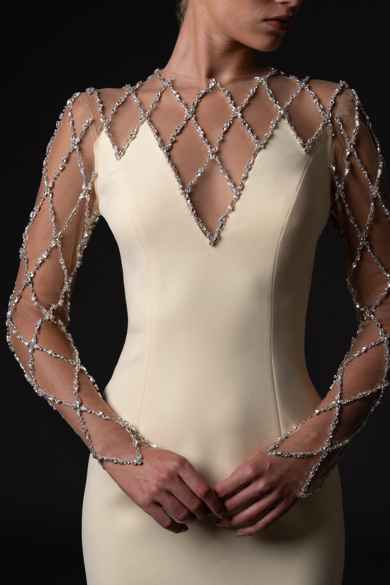 Crepe dress with crystal grid embroidery