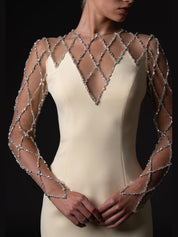 Crepe dress with crystal grid embroidery