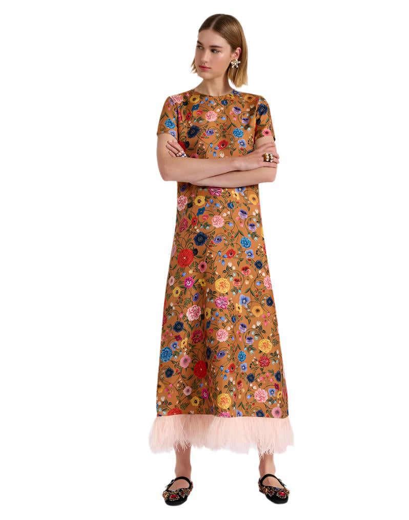 Swing Dress Botticelli Rust in Silk Twill With Feathers