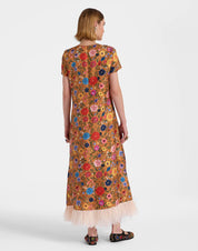 Swing Dress Botticelli Rust in Silk Twill With Feathers