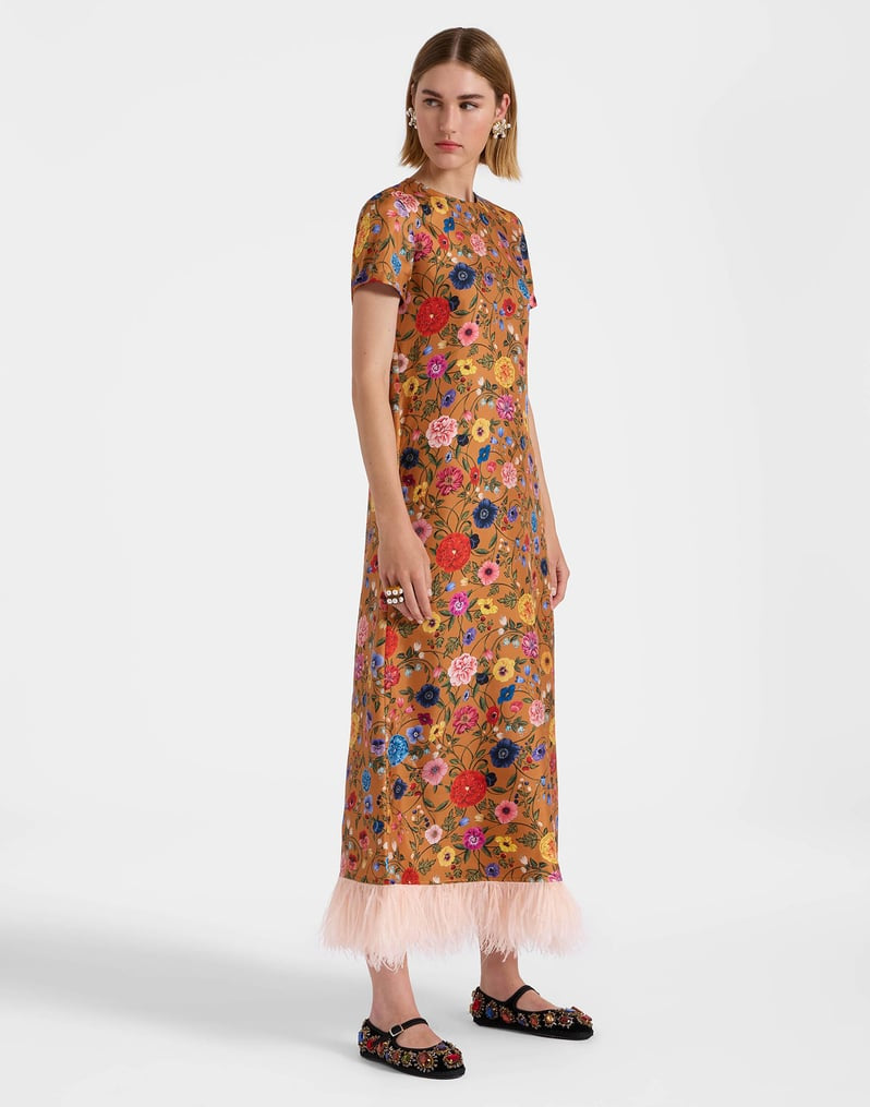 Swing Dress Botticelli Rust in Silk Twill With Feathers