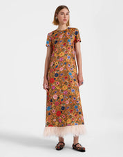 Swing Dress Botticelli Rust in Silk Twill With Feathers