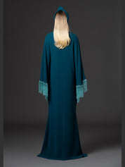 Teal abaya with layered beaded fringes