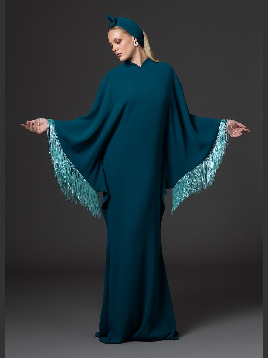 Teal abaya with layered beaded fringes