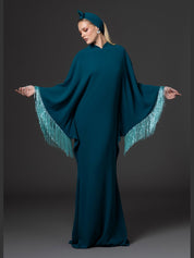 Teal abaya with layered beaded fringes