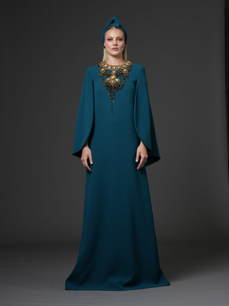 Teal abaya with embroidered neckline