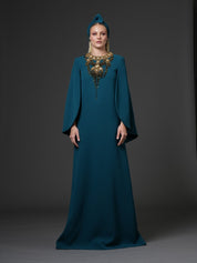 Teal abaya with embroidered neckline