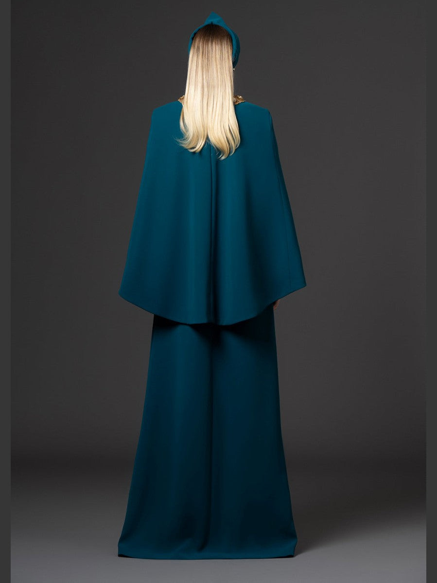 Teal abaya with embroidered neckline
