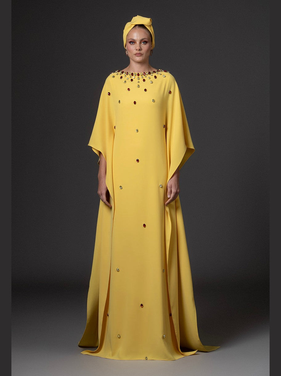 Yellow abaya with crystal drop embroidery