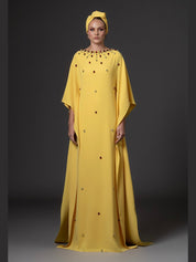 Yellow abaya with crystal drop embroidery