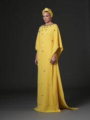 Yellow abaya with crystal drop embroidery