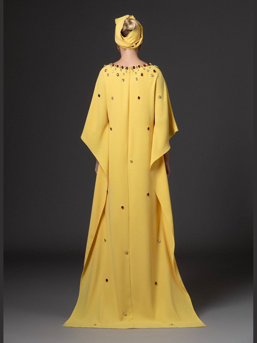 Yellow abaya with crystal drop embroidery