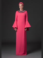 Coral abaya with embroidered neckline and bell sleeves