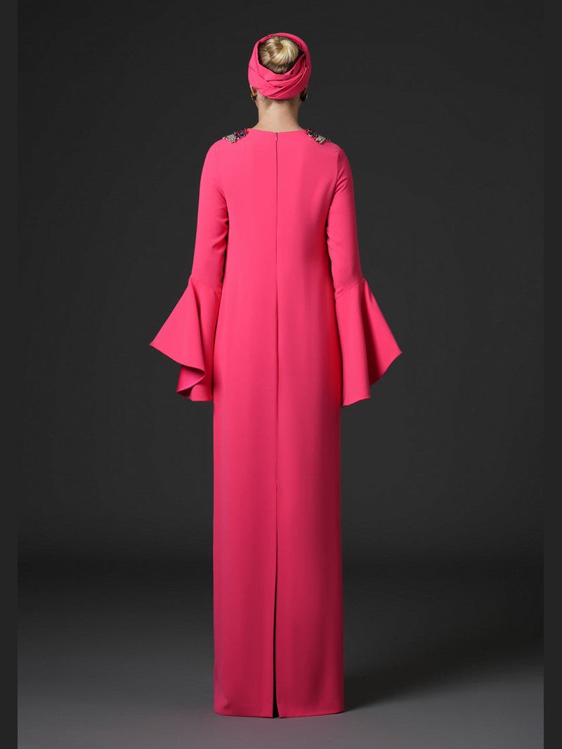 Coral abaya with embroidered neckline and bell sleeves