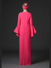 Coral abaya with embroidered neckline and bell sleeves