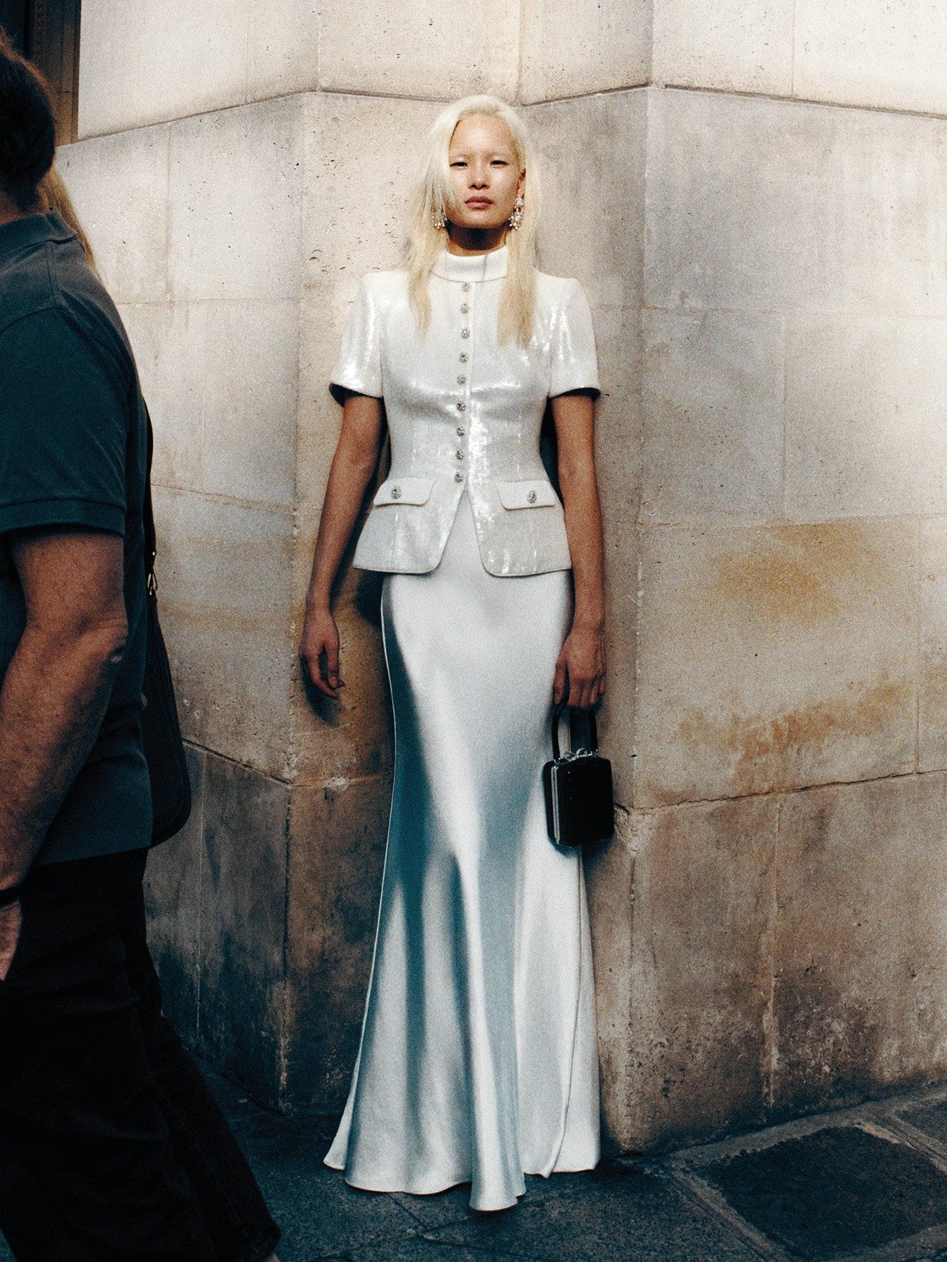 White sequin tailored maxi dress