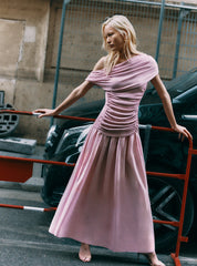 Pink cotton draped knit midi dress