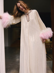 CHAMPAGNE METALLIC OMBRÉ FEATHER MAXI DRESS