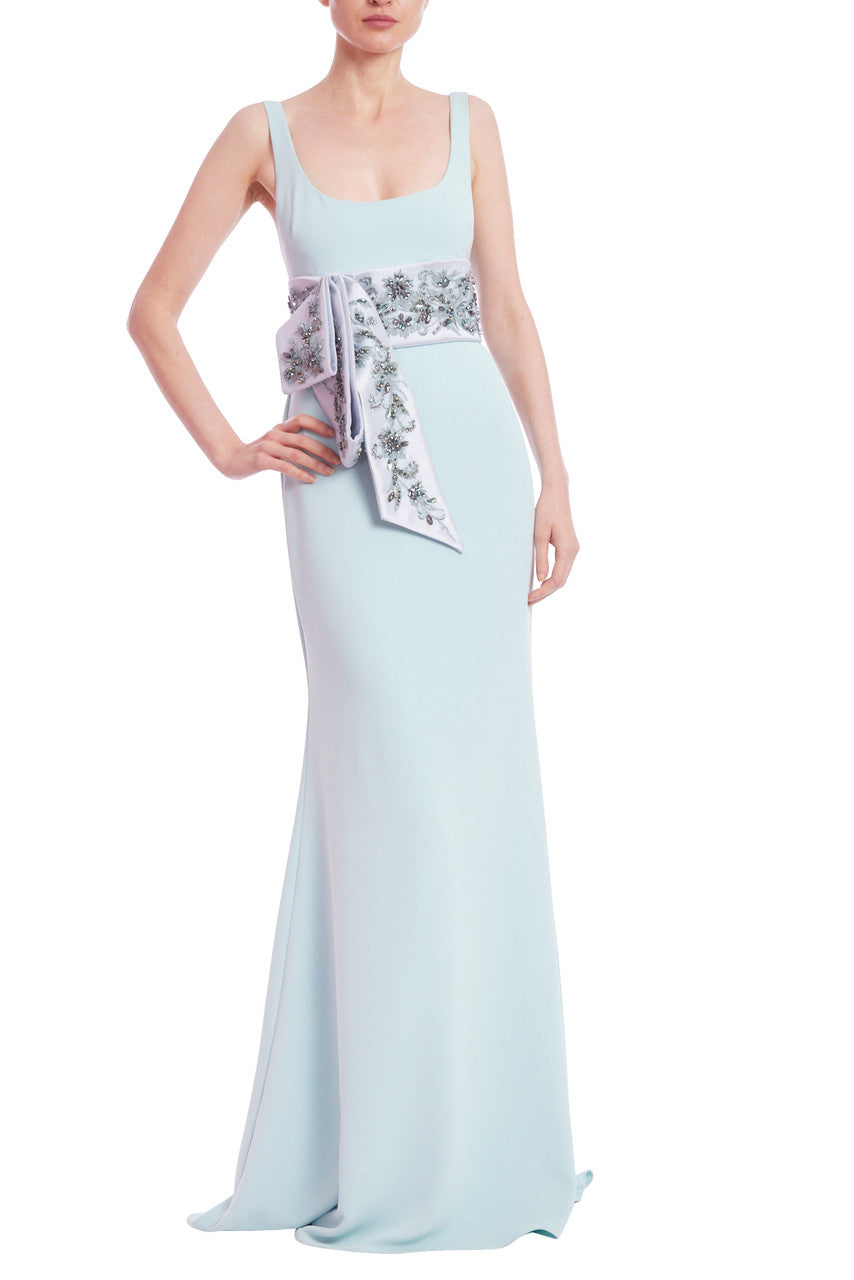 Scoop Neck Column Gown with Embellished Sash