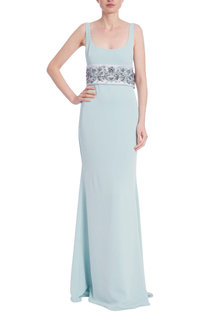 Scoop Neck Column Gown with Embellished Sash