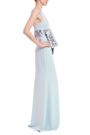 Scoop Neck Column Gown with Embellished Sash