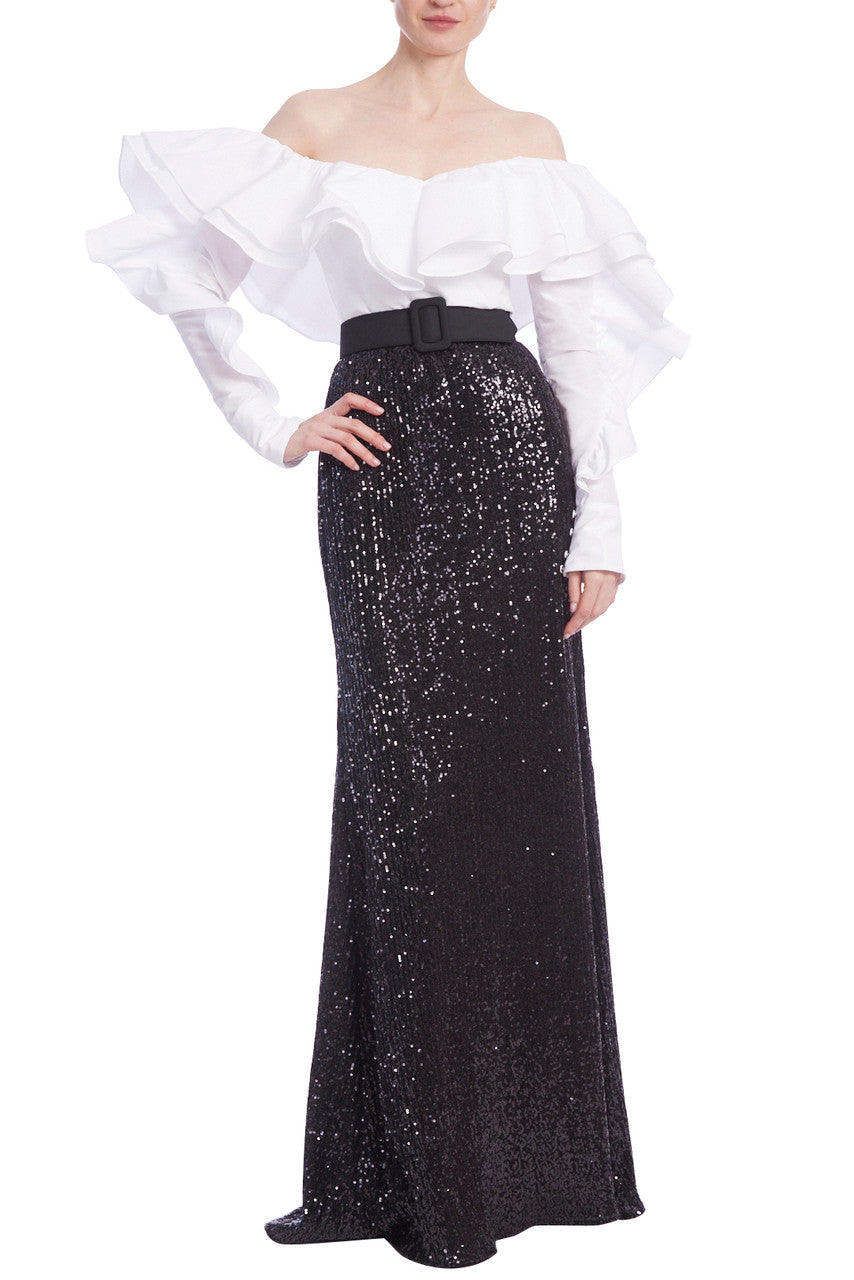 Ruffled Off the Shoulders Sequin Combo Gown