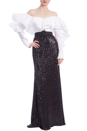 Ruffled Off the Shoulders Sequin Combo Gown