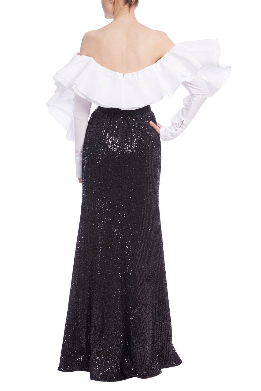 Ruffled Off the Shoulders Sequin Combo Gown