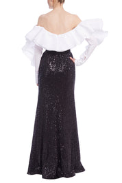 Ruffled Off the Shoulders Sequin Combo Gown