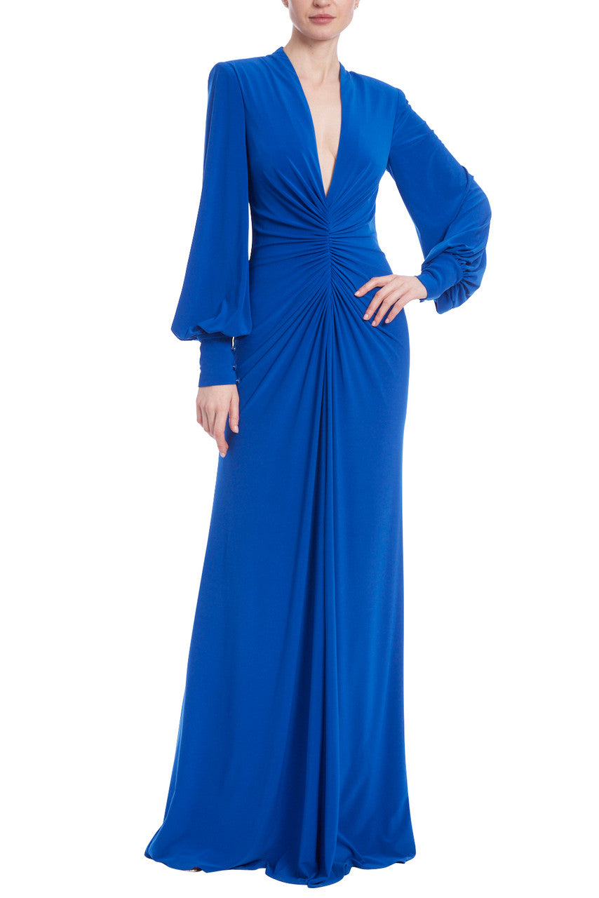 Balloon Sleeve V-Neck Gown with Rouched Bodice