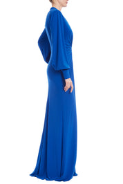 Balloon Sleeve V-Neck Gown with Rouched Bodice