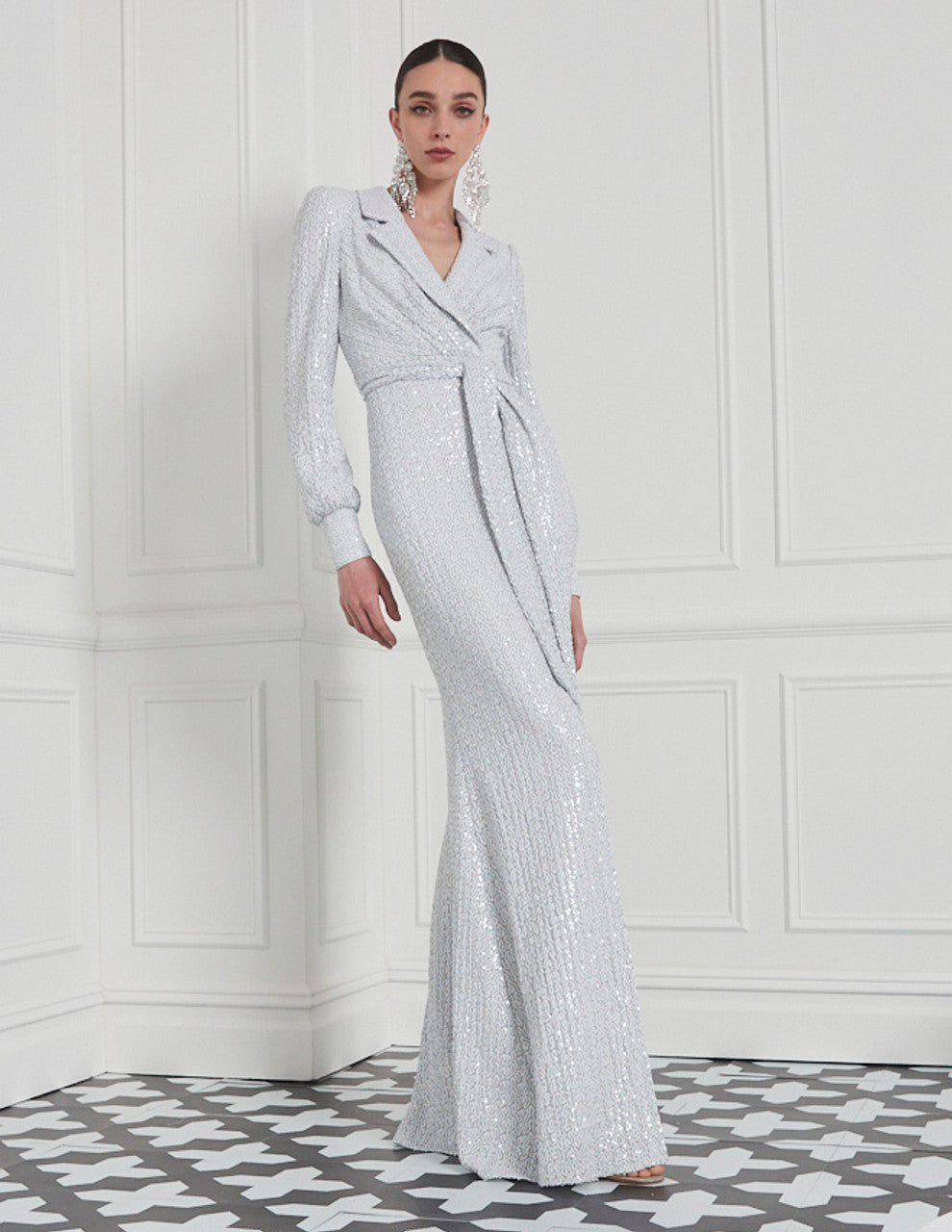 Longsleeve Sequin Collar Gown with Tie Sash