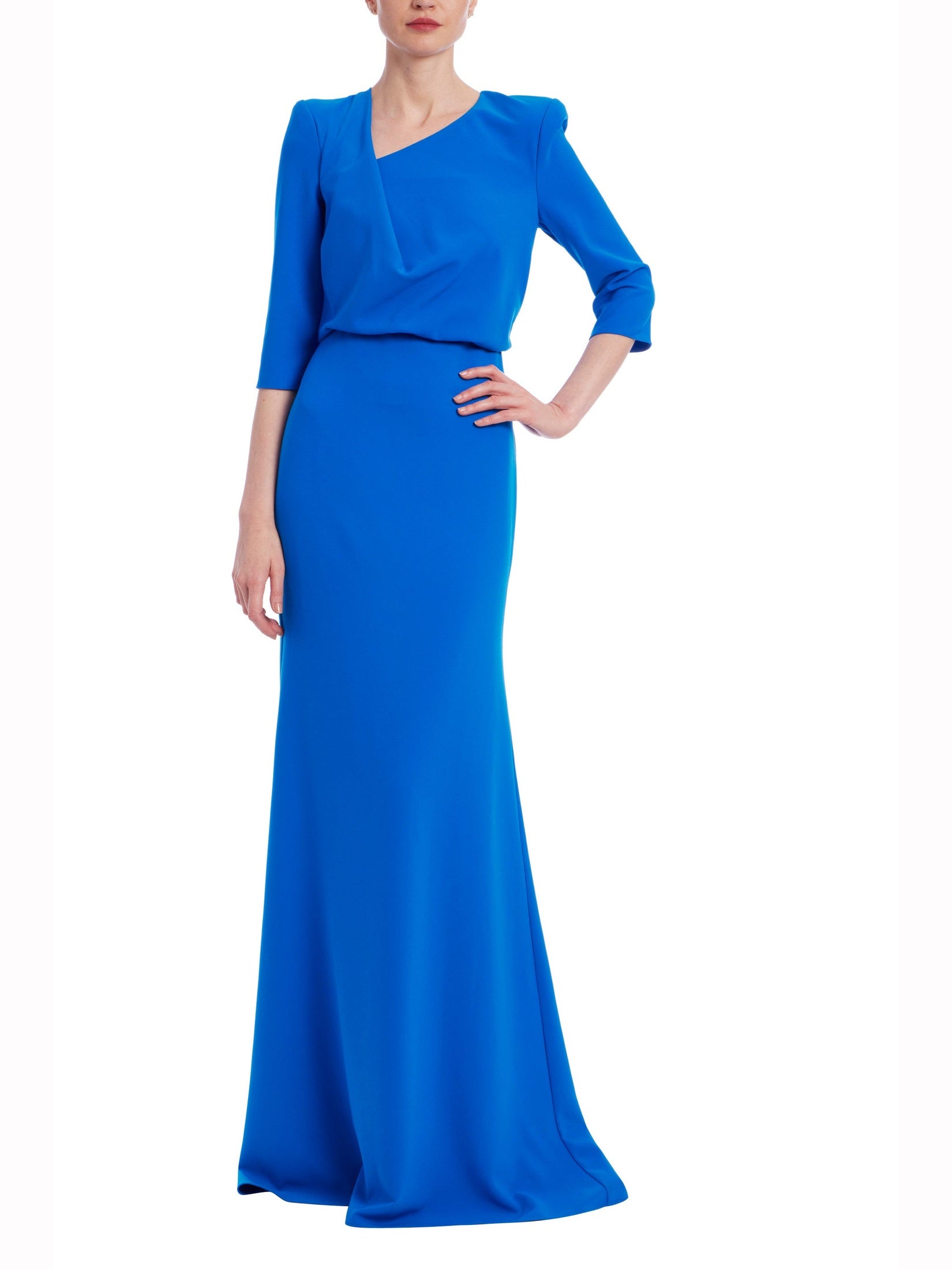 Draped bodice elbow sleeve gown in stretch crepe