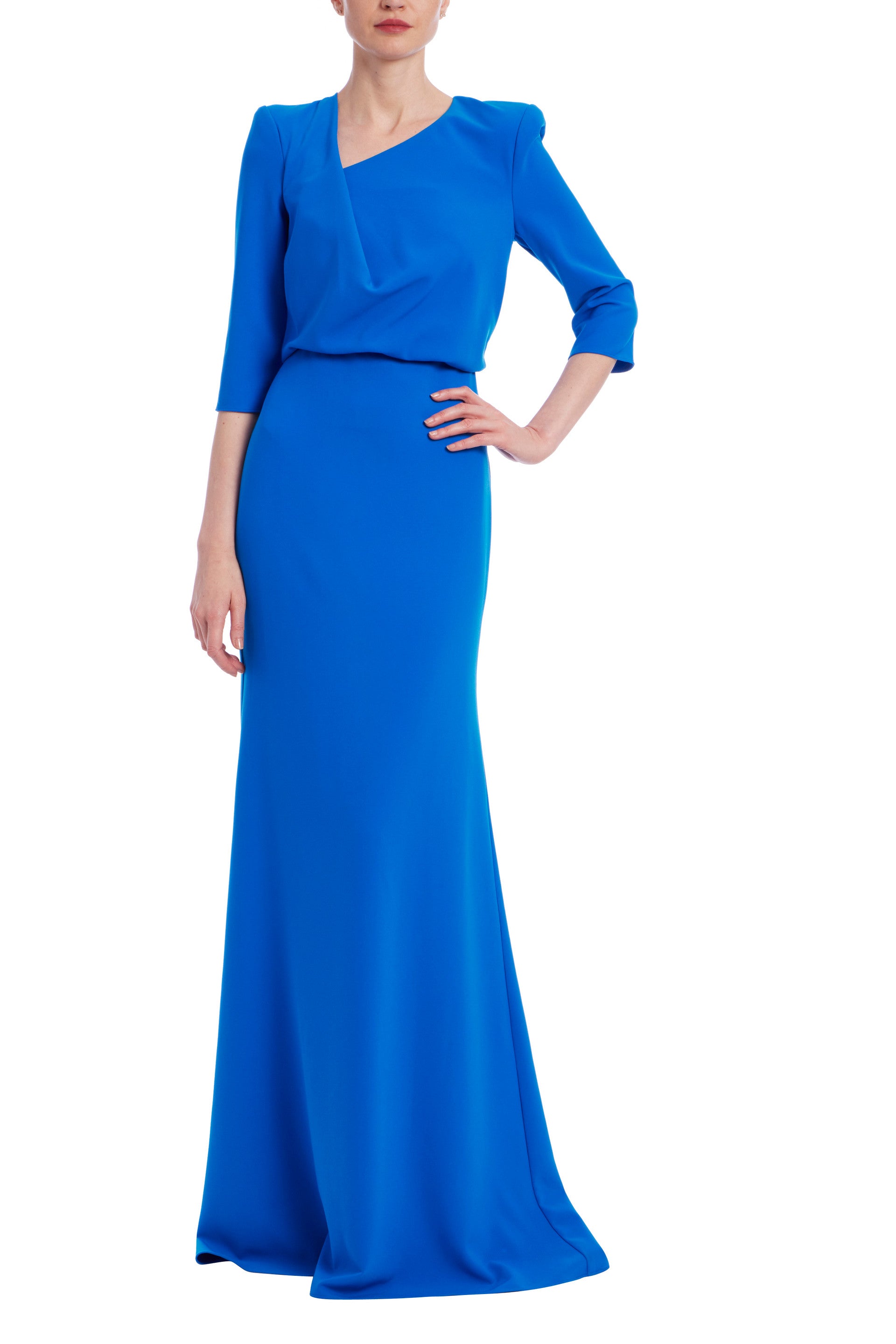 DRAPED BODICE ELBOW SLEEVE GOWN IN STRETCH CREPE