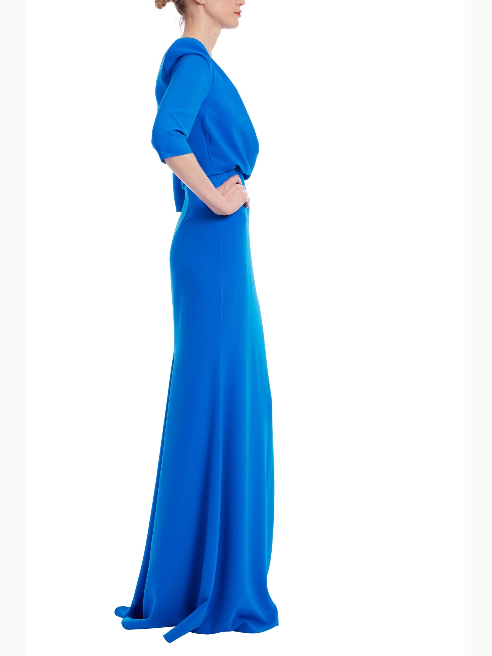 Draped bodice elbow sleeve gown in stretch crepe