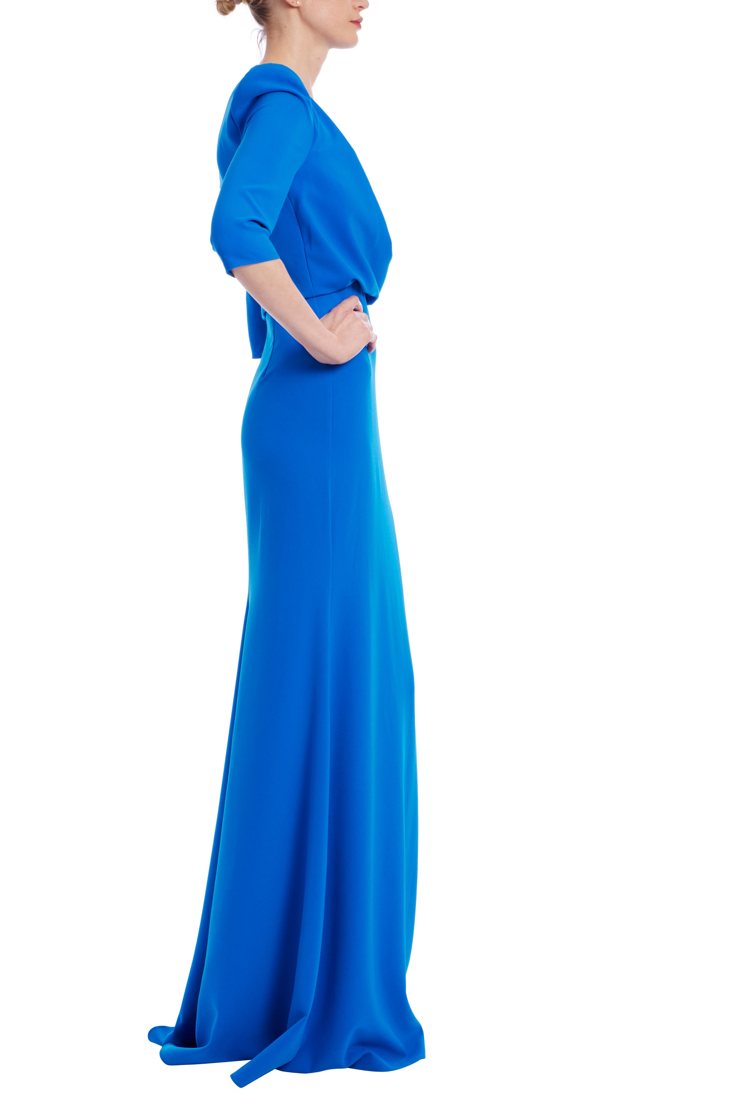 DRAPED BODICE ELBOW SLEEVE GOWN IN STRETCH CREPE