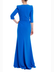 Draped bodice elbow sleeve gown in stretch crepe