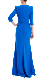 DRAPED BODICE ELBOW SLEEVE GOWN IN STRETCH CREPE