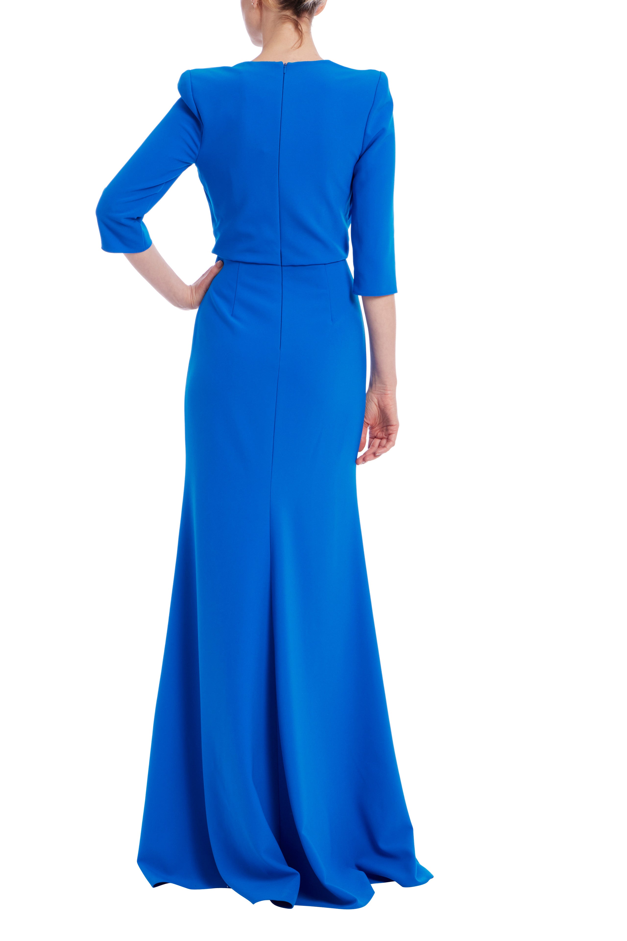 DRAPED BODICE ELBOW SLEEVE GOWN IN STRETCH CREPE
