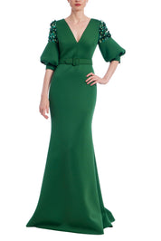 Belted Elbow Sleeve V-Neck Gown