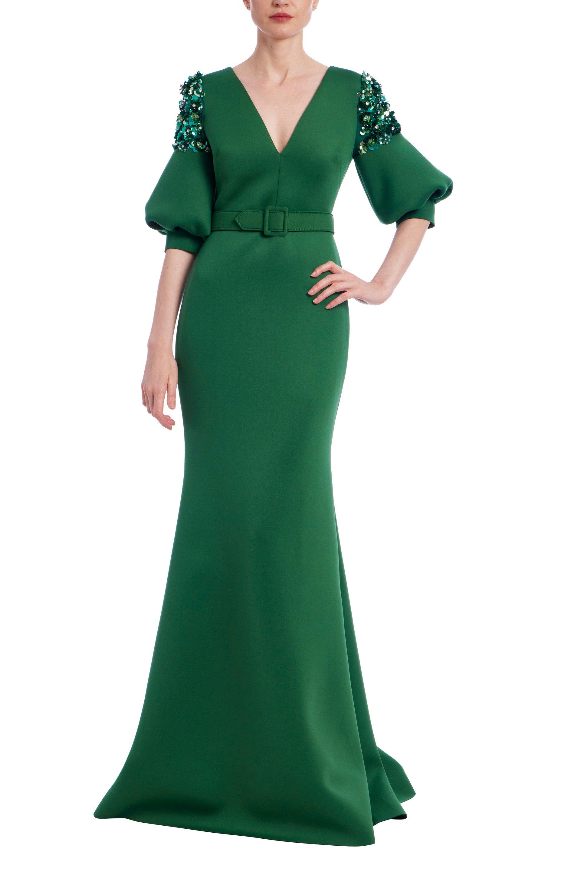 Belted Elbow Sleeve V-Neck Gown