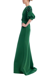 Belted Elbow Sleeve V-Neck Gown